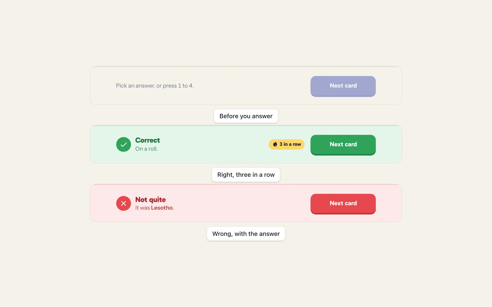 QuizzMe's feedback banner three times: pick an answer, correct with a 3 in a row chip, and not quite, it was Lesotho