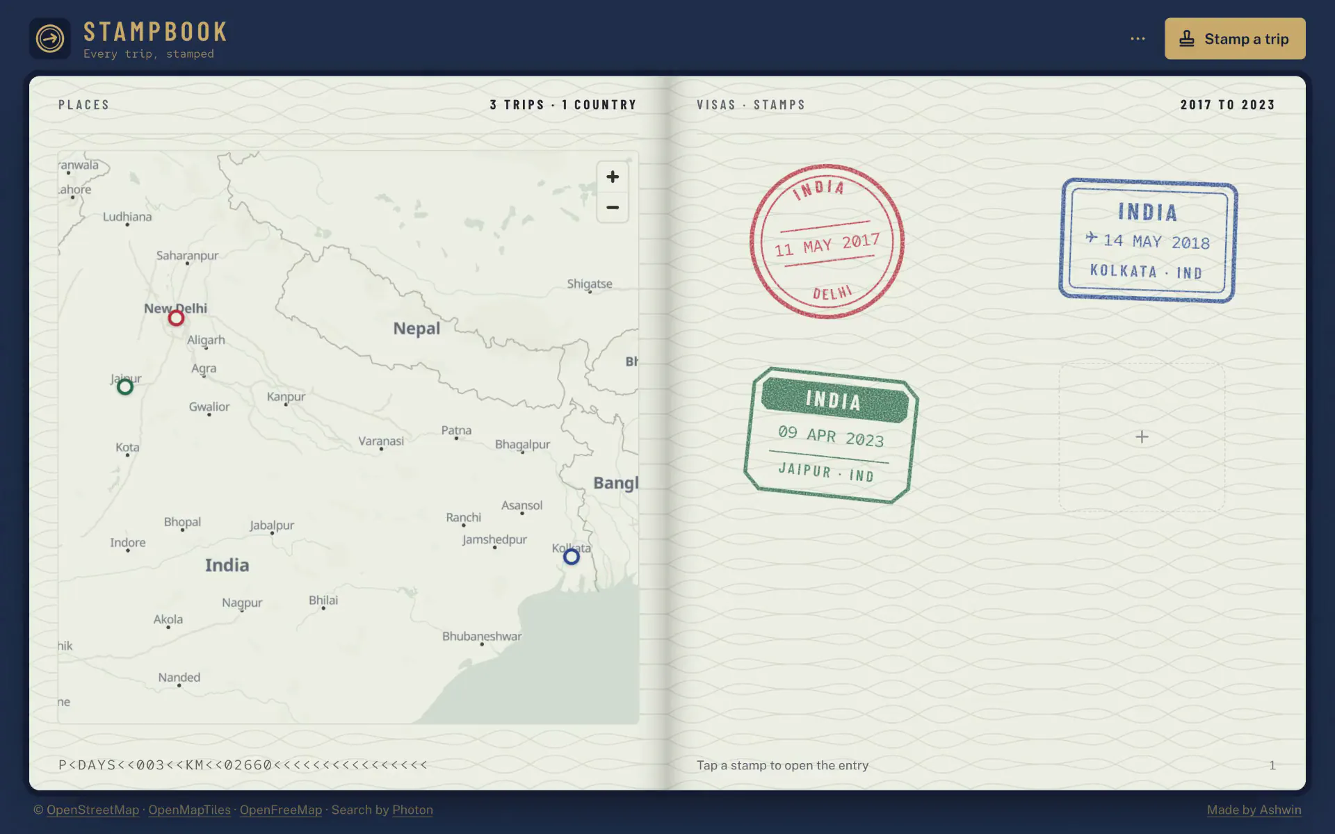 Opening the Kolkata stamp: the map flies in to Kolkata with its pin marked, then pulls back out to all three trips